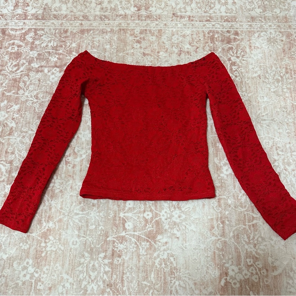 Red Lace Off The Shoulder Long Sleeve Top - Picture 3 of 8